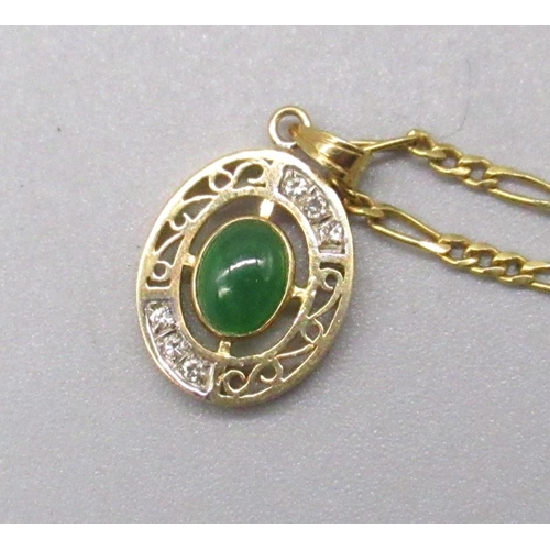 49 - 14k yellow gold oval pendant set with cabochon emerald and diamonds, stamped 14k, on 14ct yellow gol... 
