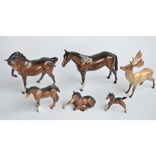 143 - Collection of 6 Beswick ceramic animal figurines to include a stag and 5 horses, all with repaired d... 