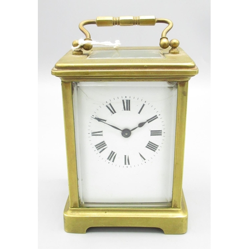 452 - Early C20th French 8 day presentation brass carriage clock timepiece, white enamel Roman dial, visib... 