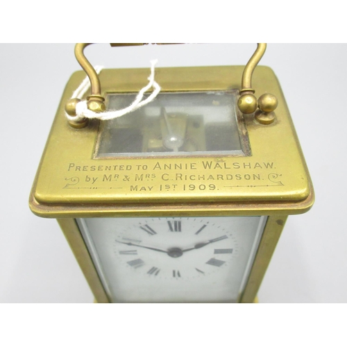 452 - Early C20th French 8 day presentation brass carriage clock timepiece, white enamel Roman dial, visib... 