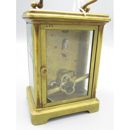 452 - Early C20th French 8 day presentation brass carriage clock timepiece, white enamel Roman dial, visib... 