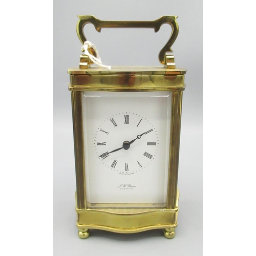 453 - J. W. Benson London, late C20th brass quartz carriage clock timepiece, signed white Roman dial, H16.... 