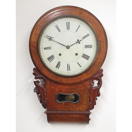 455 - E. N. Welch, Forest Ville, CT., late C19th American 8 day inlaid figured walnut drop dial wall clock... 