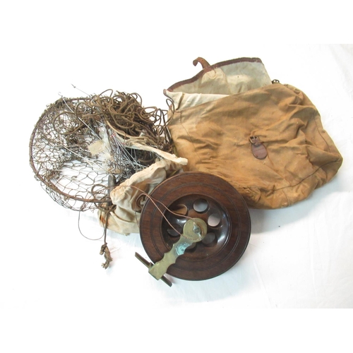 177 - Scarborough fishing reel, keep net and a canvas bag