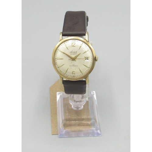 90 - Accurist gold automatic wristwatch with date, signed silvered dial with applied Arabic and baton hou... 