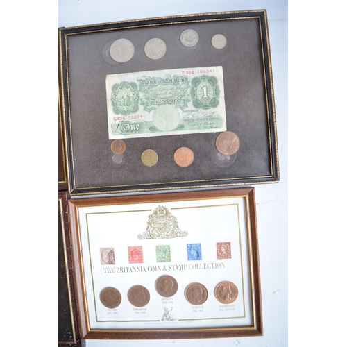 301 - Collection of framed vintage English banknotes and coins (including The Britannia Coin & Stamp Colle... 