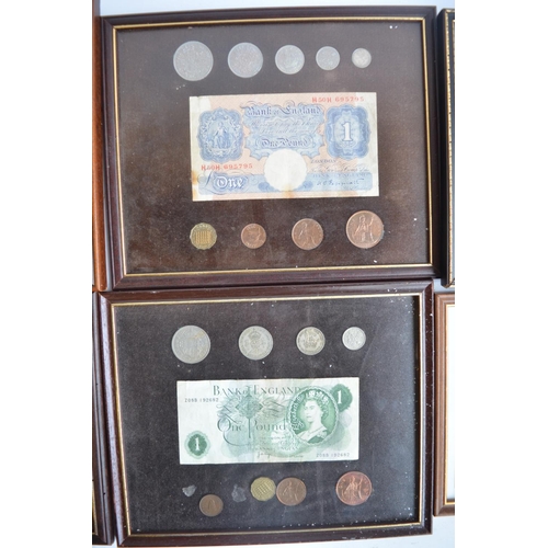 301 - Collection of framed vintage English banknotes and coins (including The Britannia Coin & Stamp Colle... 