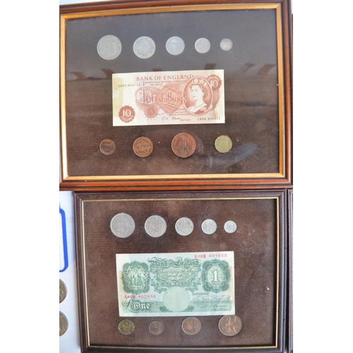 301 - Collection of framed vintage English banknotes and coins (including The Britannia Coin & Stamp Colle... 