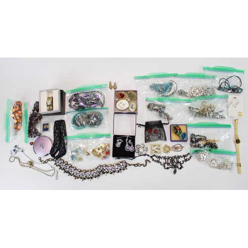 64A - Selection of costume jewellery and watches incl. necklaces, earrings, brooches together with a small... 