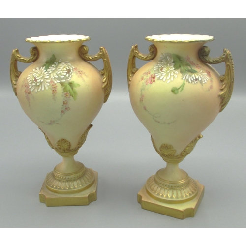 223 - Pair of Royal Worcester pedestal vases, gourd-shaped bowl with scrolled handles, painted with floral... 