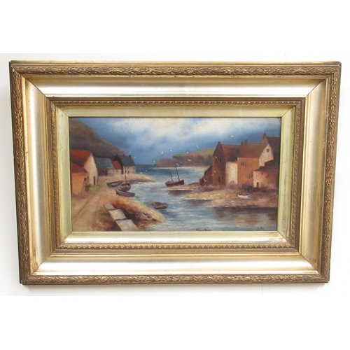 481 - E.A. (British early C20th); 'Staithes' and a similar Coastal view, pair of oils on canvas, one signe... 