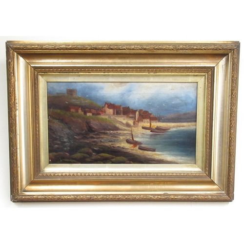 481 - E.A. (British early C20th); 'Staithes' and a similar Coastal view, pair of oils on canvas, one signe... 