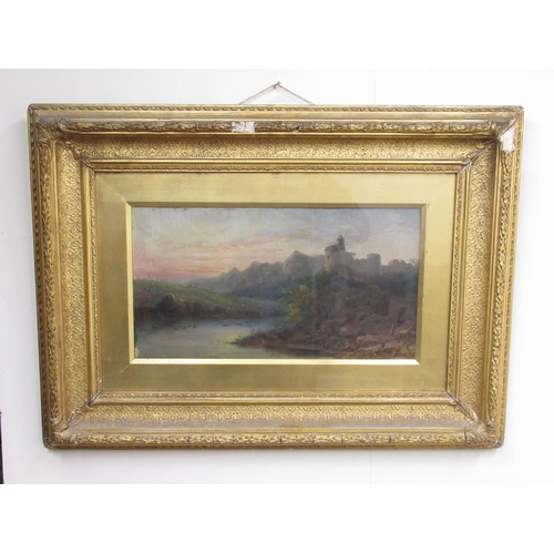 482 - Scottish School (C19th); Riverside hill top Castle, oil on canvas, indistinctly titled and attribute... 