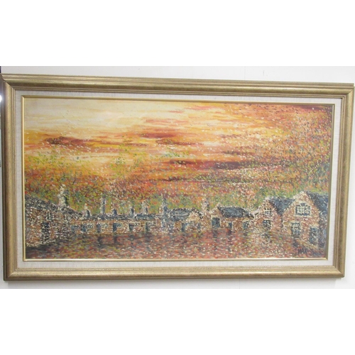 485 - Geoffry & Mary Mac Wax (British C20th); Row of Cottages, mixed media oil on board, signed, 40cm x 76... 