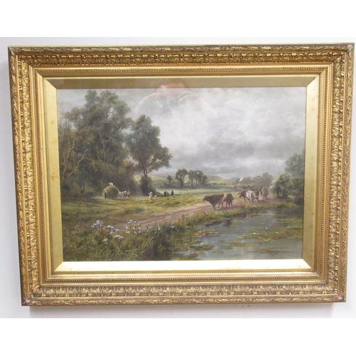 488 - After R Gallon; Harvesting Scene with cattle in a river landscape, colour print, 39cm x 54cm