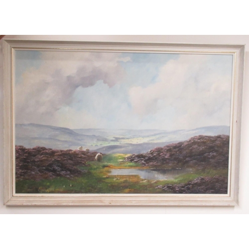 502 - Lewis Creighton (British 1918-1996); Sheep grazing in an extensive  moorland landscape with stream a... 