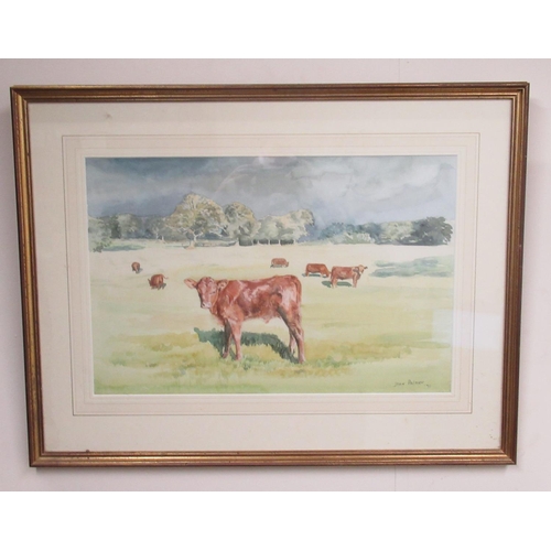 504 - Jean Palmer (British Contemporary); Cattle grazing in a wooded field, two studies, watercolour, sign... 