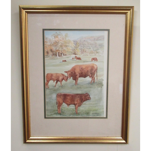 504 - Jean Palmer (British Contemporary); Cattle grazing in a wooded field, two studies, watercolour, sign... 