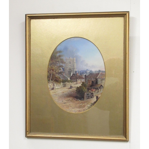 508 - H. S. Earl (British C19th); Village street scene with figures by a church, oval oil on paper, signed... 