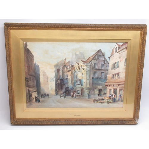 517 - Attrib. A. L Vernon (C19th); 'Mayence' Continental street scene with figures, watercolour, titled on... 