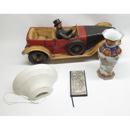 255 - Vista Allegre c20th oriental style vase, large wooden model of man in car, wall light sconce, Wallac... 