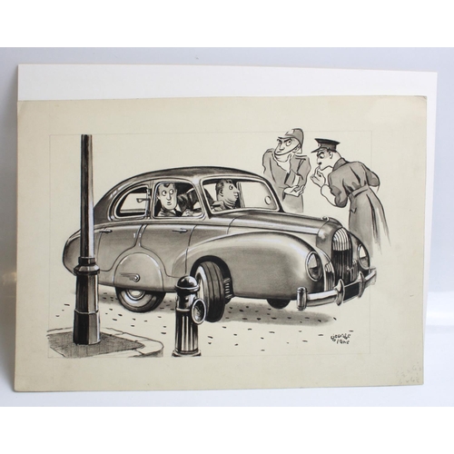 516 - George Lane. Two pen and watercolour titled ' Tax on track and wheelbase,' Tax engineering on wheelb... 