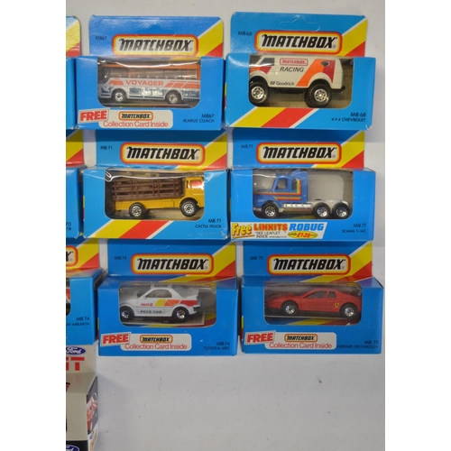 142 - Twenty two boxed early 1980s Matchbox diecast models in the MB65 to MB75 in full and half striped bl... 