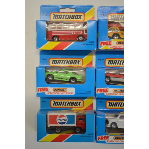 142 - Twenty two boxed early 1980s Matchbox diecast models in the MB65 to MB75 in full and half striped bl... 