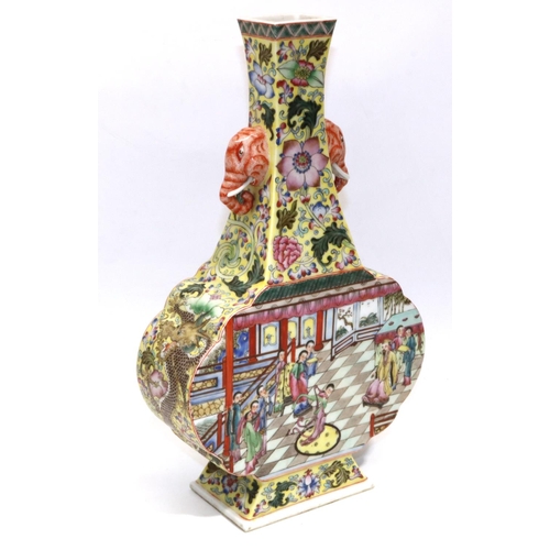 190 - C20th Chinese yellow-ground Famille Rose 'hu' vase, Qianlong mark, H34cm