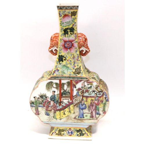 190 - C20th Chinese yellow-ground Famille Rose 'hu' vase, Qianlong mark, H34cm