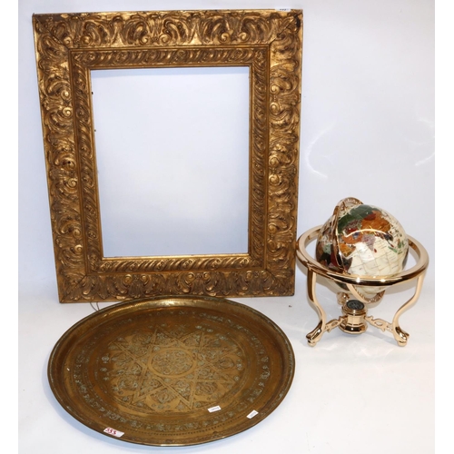 333 - Gem and shell set globe in brass effect frame, H33cm; large gilt picture frame, 66cm x7 6cm, and a l... 