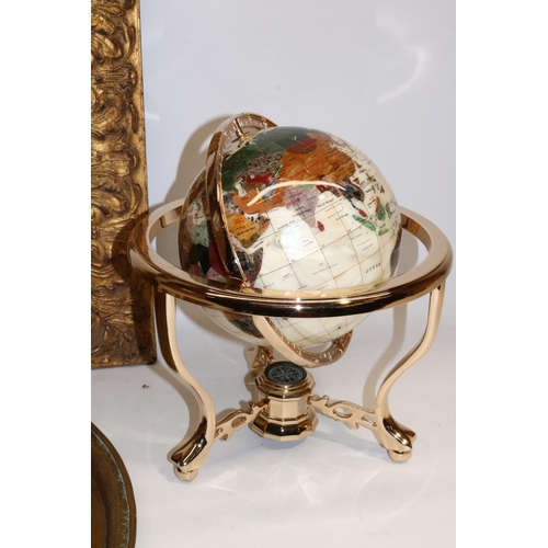 333 - Gem and shell set globe in brass effect frame, H33cm; large gilt picture frame, 66cm x7 6cm, and a l... 