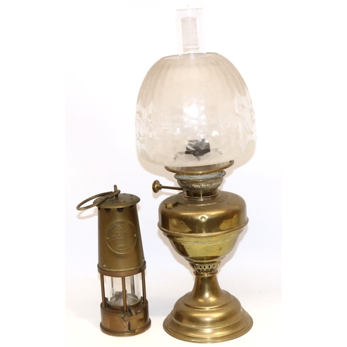 334 - Brass oil lamp with chimney and etched glass shade, H53cm, and a Protector Lamp and Lighting Co Eccl... 