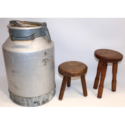 361 - Large aluminium milk churn H52cm, and two milking stools, max. H32cm (3)