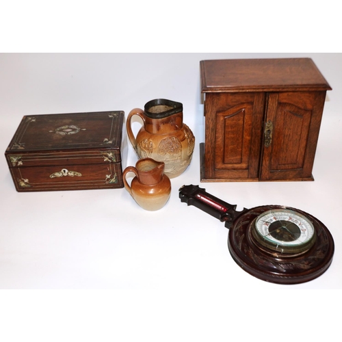 391 - Early C20th table top oak smoker's cabinet, H25cm; workbox with mother of pearl inlay; two C19th sal... 