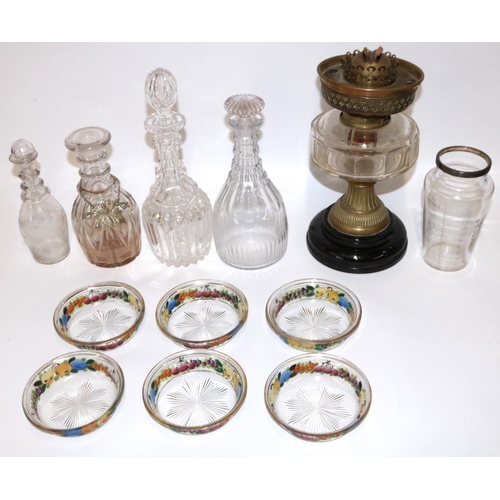 393 - Four glass decanters, max. H30cm; six dessert bowls, each painted with fruit, gilded rims; C19th oil... 