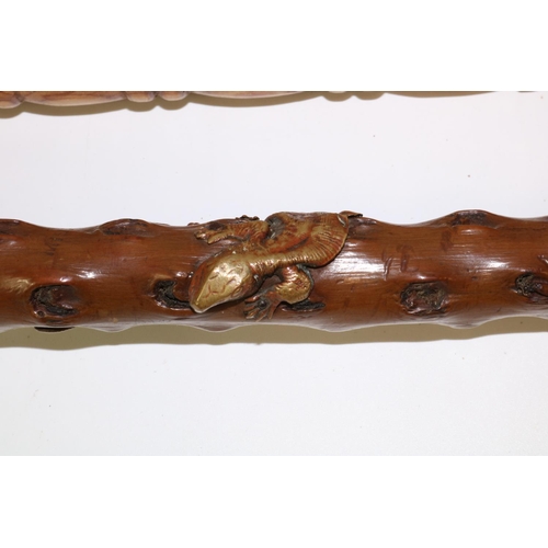 397 - Medlar wood walking stick with applied gilt lizards, marked MISPEL, and two others, max. H93cm (3)