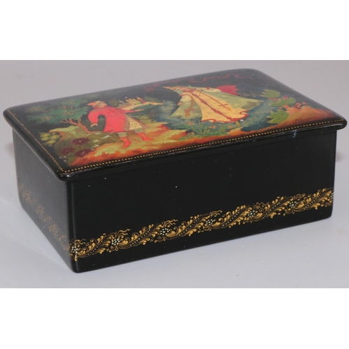 242 - C20th Russian lacquered box decorated with a landscape scene with two figures, hinged cover, signed,... 