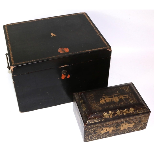 312 - Two C19th black lacquered Chinese boxes, one gilt decorated with figures in a courtyard, L33cm and L... 