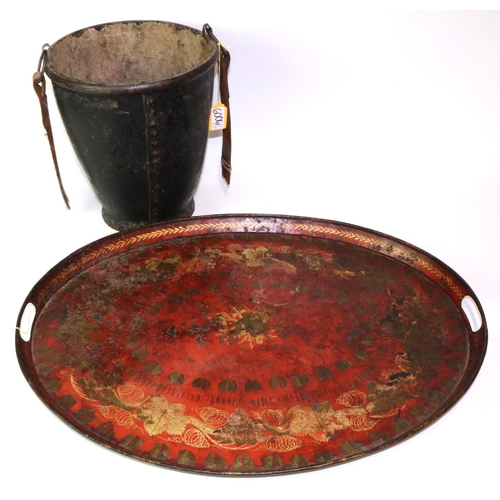 243 - C19th oval toleware tray, L60cm; and a C19th studded leather fire bucket, H28cm (2)