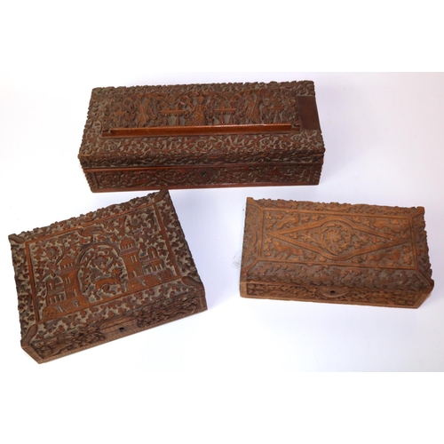 246 - Three Indian carved wood boxes, max. L29cm (3)