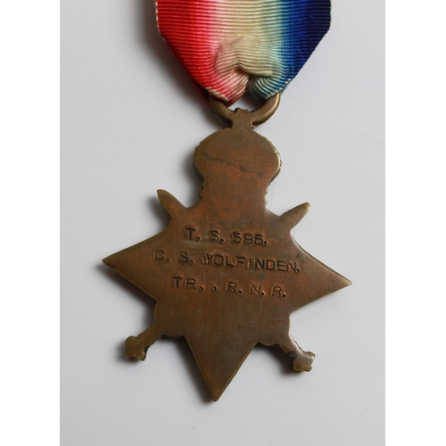 531 - 1914-15 Star, Victory Medal, British War Medal to T.S.596 C.S. Wolfinden T.R. R.N.R.