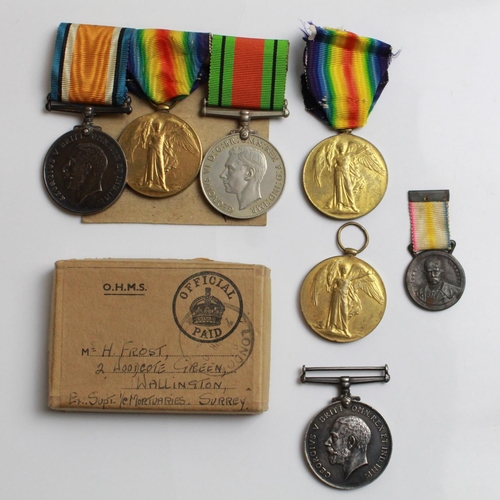 533 - Victory Medal, British War Medal 1914-18, WWII Defence Medal with post box to 205489 Gnr H. Frost, V... 