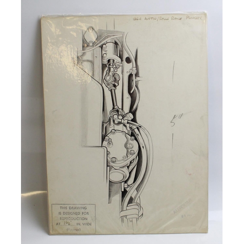 486 - 0riginal pen and ink production drawing of a power steering pump for a 1964 Rolls Royce Princess for... 