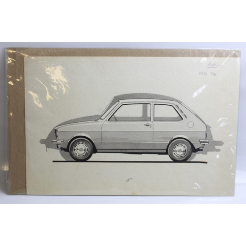 488 - Original painting of a Chrysler Hatch back? 43cm x 27cm. Painting of a 1972 VW Polo. 50cm x 32cm. Bo... 