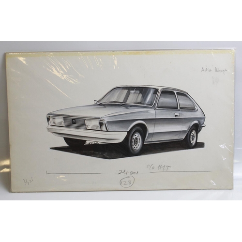 488 - Original painting of a Chrysler Hatch back? 43cm x 27cm. Painting of a 1972 VW Polo. 50cm x 32cm. Bo... 