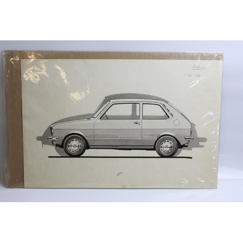 488 - Original painting of a Chrysler Hatch back? 43cm x 27cm. Painting of a 1972 VW Polo. 50cm x 32cm. Bo... 