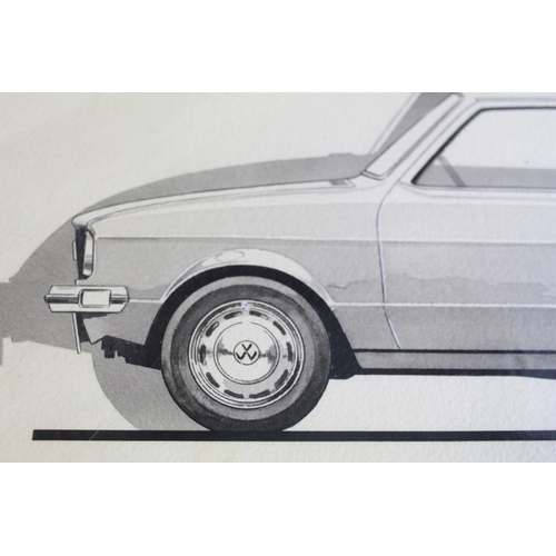 488 - Original painting of a Chrysler Hatch back? 43cm x 27cm. Painting of a 1972 VW Polo. 50cm x 32cm. Bo... 