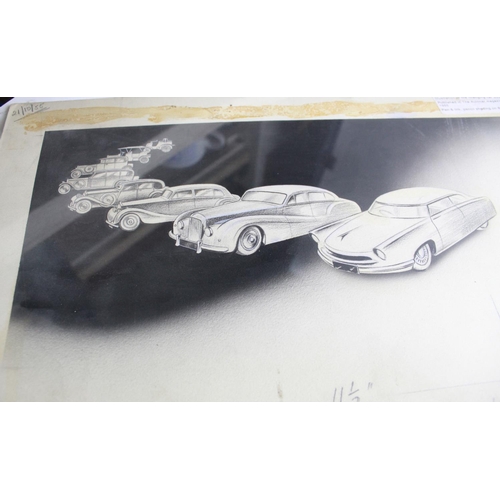 490 - Pen and ink drawing illustrating the changing of the car body styles. With artists notes, published ... 