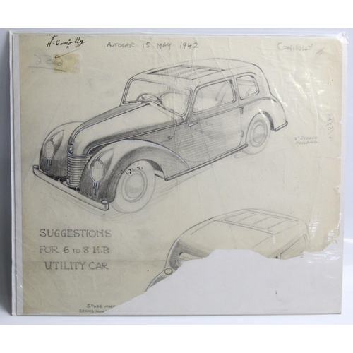 490 - Pen and ink drawing illustrating the changing of the car body styles. With artists notes, published ... 